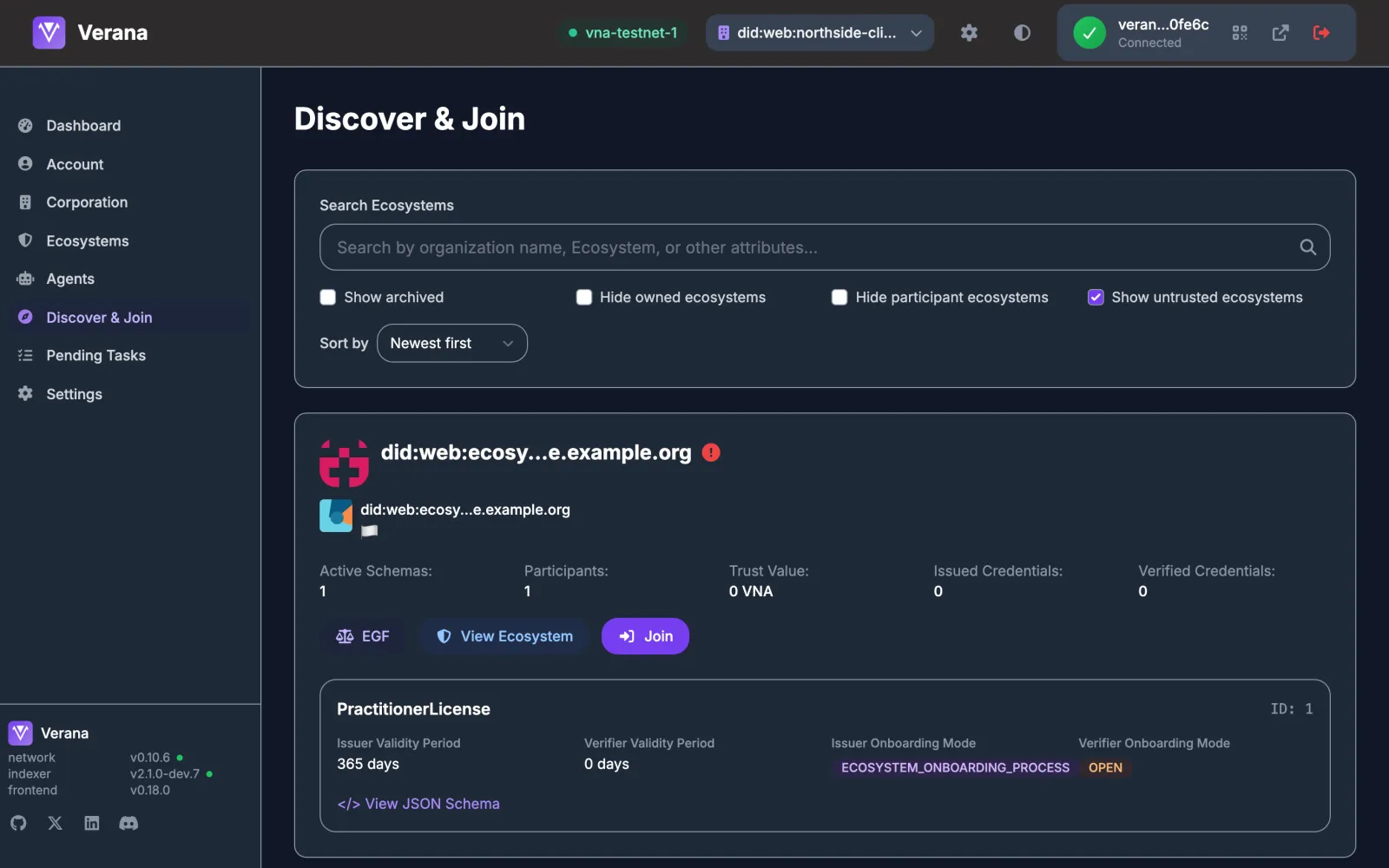 Discover & Join listing an ecosystem with its credential schema