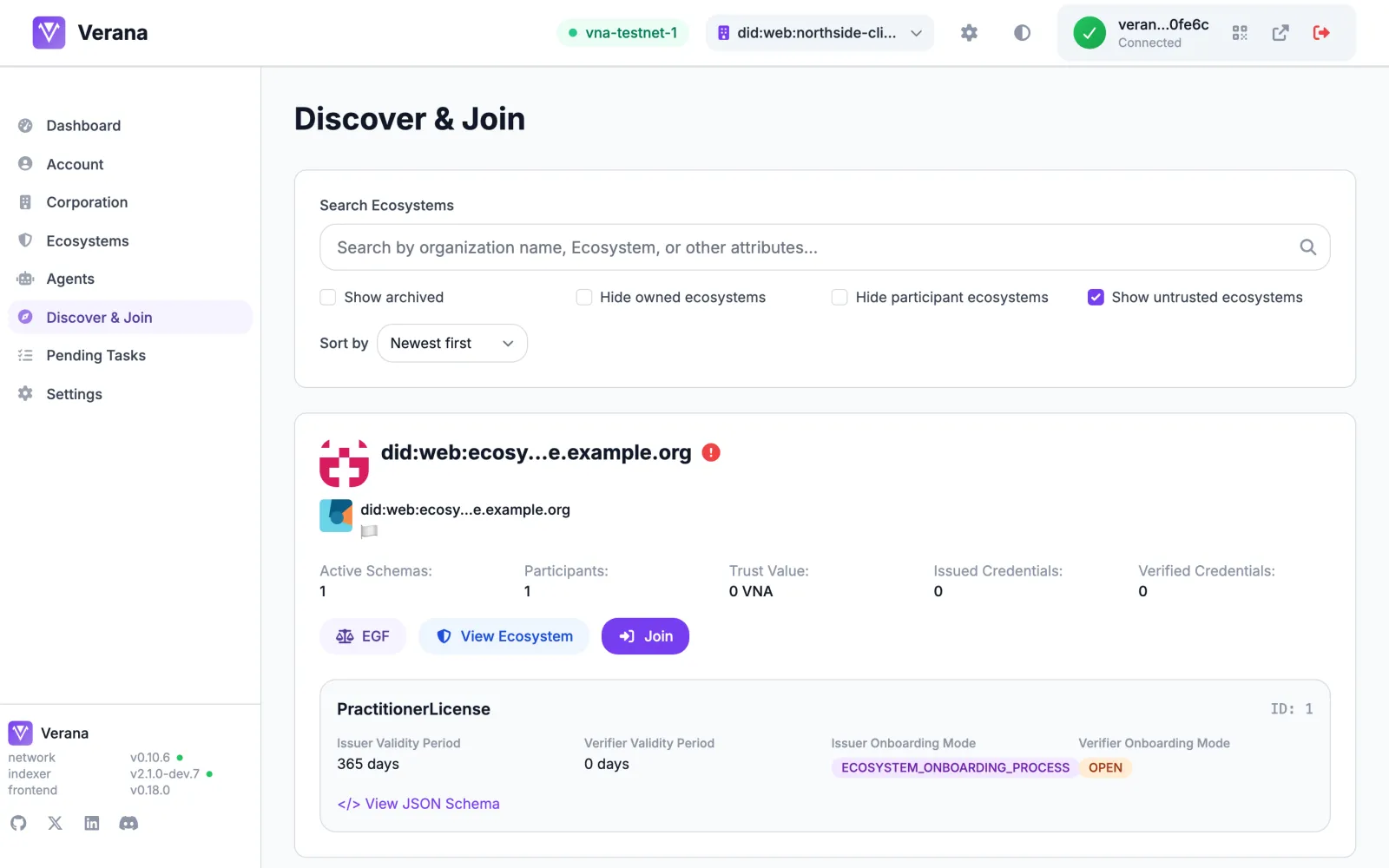 Discover & Join listing an ecosystem with its credential schema