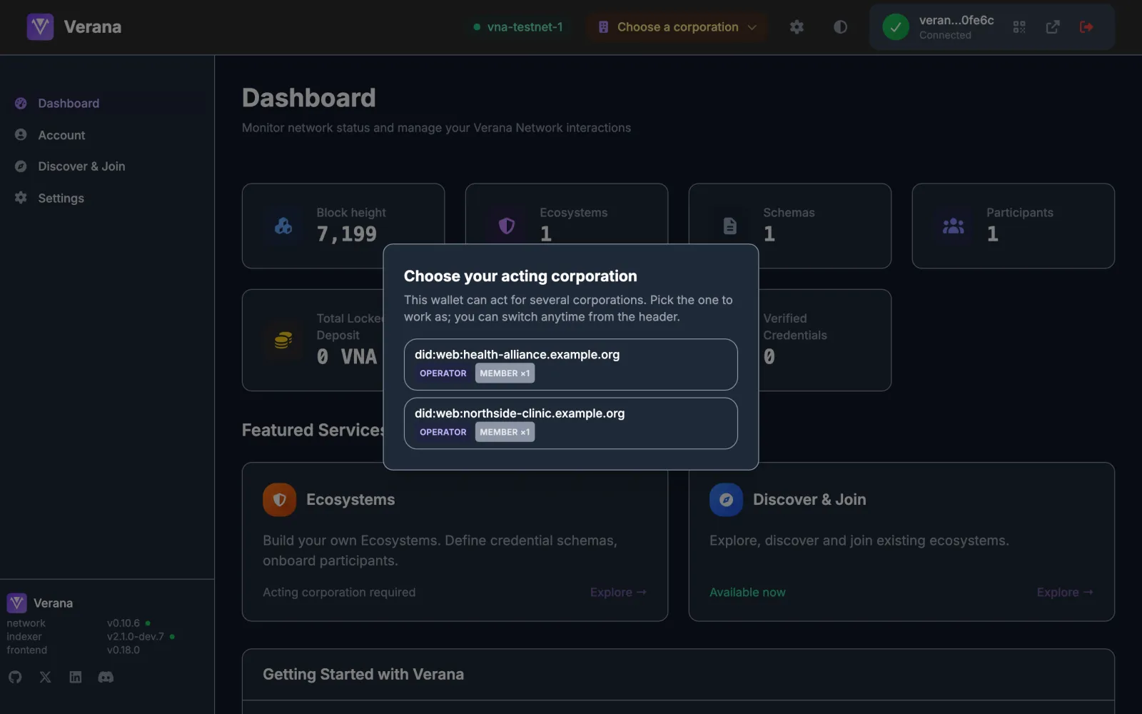 The corporation chooser shown when the account operates several corporations