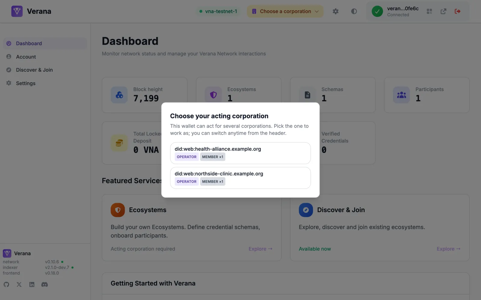 The corporation chooser shown when the account operates several corporations