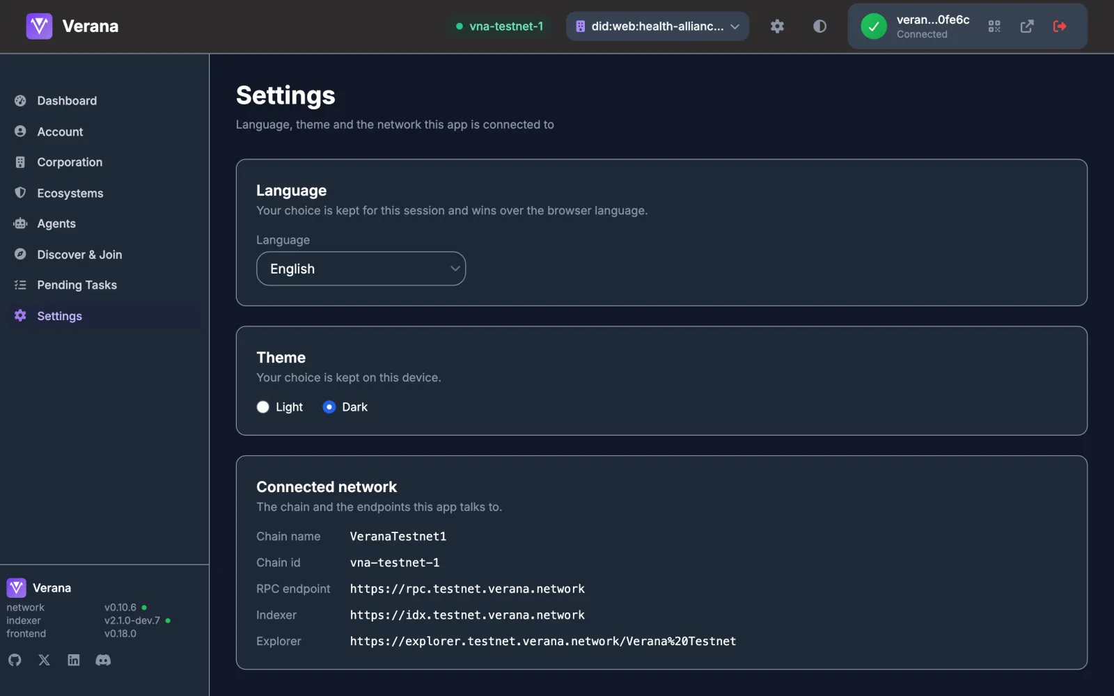 The Settings page