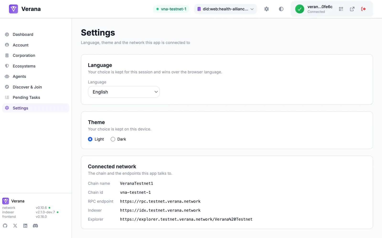 The Settings page